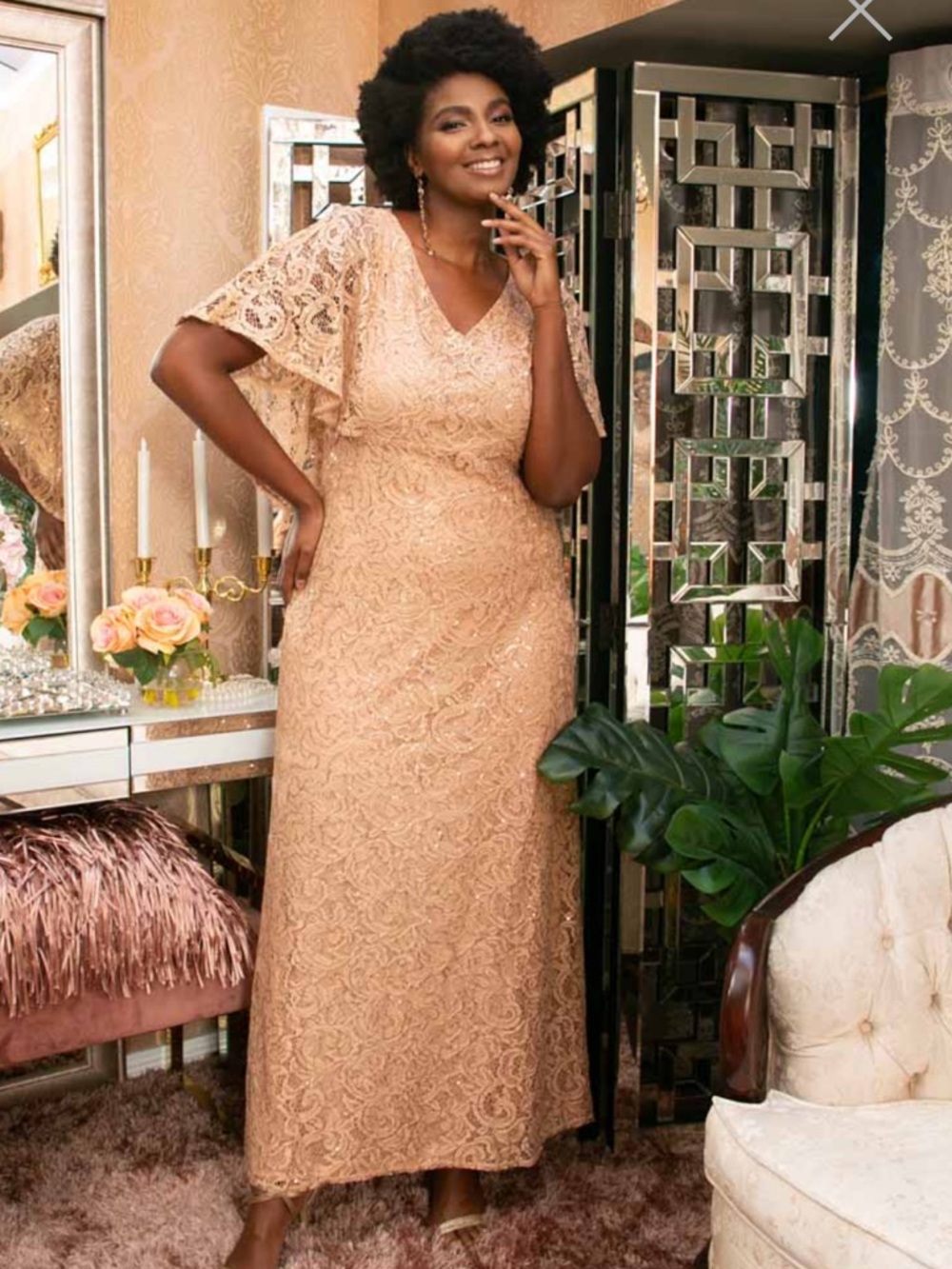 Kiyonna Sequin Lace Celestial Cape Sleeve Gown in Champagne